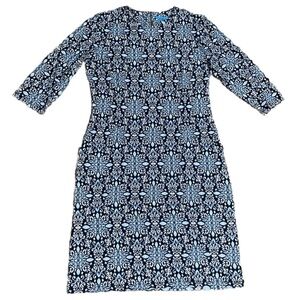 J. McLaughlin Catalyst 3/4 Sleeve Crew Neck Catalina Cloth Dress Blue Medallion